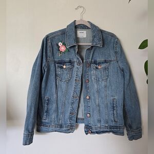 Old Navy Size Large Womens Blue Jean Jacket With Floral Detail And Back Design